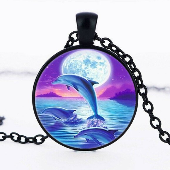 Kristy's Jewels Jewelry - Black Dolphins Ocean Moon Cabochon Necklace